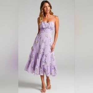 Showpo Monaco Midi Dress in a lavender botanical floral print
